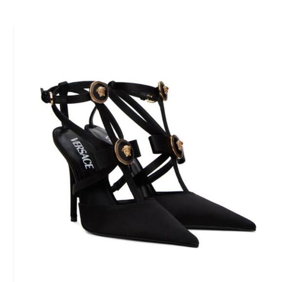 NIB Versace Gianni Ribbon EU 39 US 9 Black Satin Cage 110mm Pumps Runway $1,325 - Picture 1 of 16